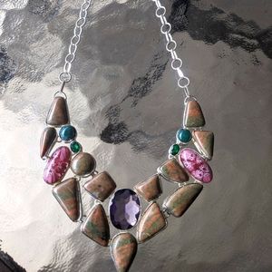 Sterling Silver 925 Cabochon & Faceted Bezel Multi Color bib Statement Necklace